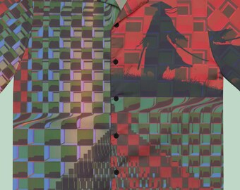 Samurai Art Button-Up, Green Red Checkered Kimono Style Shirt, Oversized Japanese Festival Top, Bold Statement Clothing
