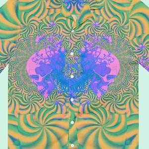 Trippy Halloween Hawaiian Shirt, Neon Macabre Top, Dark Romance Rave Festival Outfit, Oversized Psychedelic Skull Button-Up Shirt