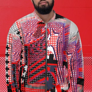 Red Black Techno Bomber Jacket All Over Print Rave Festival Jacket Cyber EDM Clothes Bold Streetwear Jacket