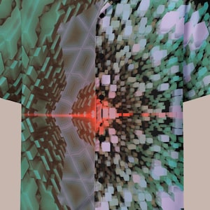 Könnte beinhalten: Kurzärmeliges Hemd mit geometrischem Design. Das Hemd hat ein geteiltes Design mit abstrakten Mustern in Grün-, Türkis- und Weißtönen. Der Markenname "KACIX" ist auf dem Kragen sichtbar.