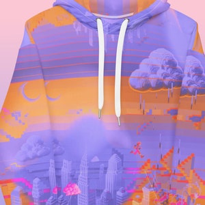May include: A purple and orange hoodie featuring a pixelated cityscape design. The design includes a sunset, clouds, and a running figure. The hoodie has a drawstring hood and white drawstrings.
