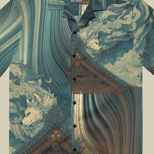 May include: Short-sleeved button-down shirt with a unique design. The shirt features a pattern of stylized wolves, clouds, and architectural elements in shades of blue, brown, and white. The text "TENKU OKAMI Heavenly Wolves" is visible on the collar.