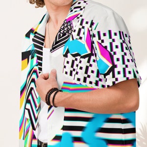 Bold Graphic Button Up Shirt Unisex Summer Button Down Shirt Colorful Retro Hawaiian Shirt Psychedelic Festival Clothing