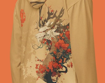 Anime Dragon Full Zip Up Hoodie Japanese Sakura Hoodie Gold Mythic Sweatshirt Fantasy Urban Streetwear Clothes Plus Size Jacket