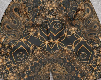 Black Gold Dragon Shorts, Sacred Geometry Festival Bottoms, Psychedelic Rave Clothing