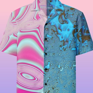 Psychedelic Hawaiian Shirt Neon Button Up Shirt Pink Blue Button Down Trippy Techno Shirt All Over Printed Tee Techwear Clothes Eco Friendly