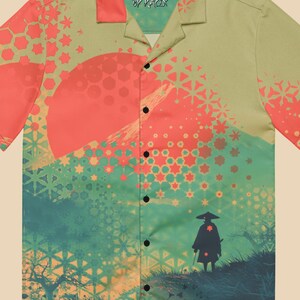 Samurai Sunset Shirt, Oversized Wagara Pattern Top, Retro Vapor Blouse