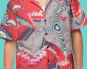 Psychedelic Pixel Heart Button-Up, Retro Vaporwave Valentine Rave Top