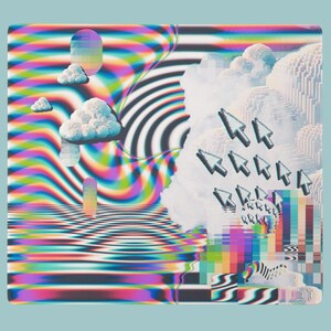 May include: Abstract digital art with a light blue background. The artwork features a surreal landscape with clouds, cursor icons, and a checkered floor. The color palette includes rainbow hues, black, white, and shades of blue.