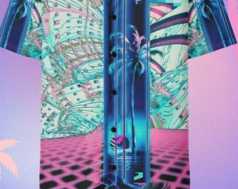 Synthwave Art Button Down Shirt, Hawaiian Button Up Shirt for Men and Women, Sustainable Festival Clothing