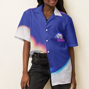 Blue Hawaiian Summer Shirt Cloud Pixel Art Button Up Shirt Futuristic Streetwear Button Down Shirt Eco Friendly