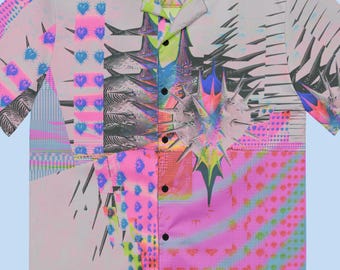 Pastel Goth Rave Button Down Shirt, Cyberpunk Neon Punk Button-Up Shirt, Oversized Soft Grunge Alt Festival Clothes, Spiked Heart Shirt