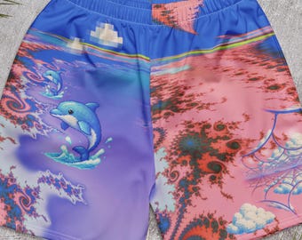 Dolphin Rave Shorts, Vaporwave Festival Bottoms, Fractal Pixel Art EDM Clothing