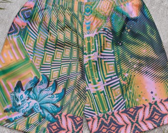 Kitsune Shorts, Japanese Fox Spirit Trunks, Pastel Rave Shorts, Anime Festival Bottoms, Neon Geometric Streetwear, Trippy Summer Clothing
