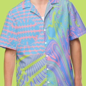 Trippy Pastel Retro 90s Button-Up, Oversized Unisex Rave Shirt, Y2K Vaporwave Festival Top