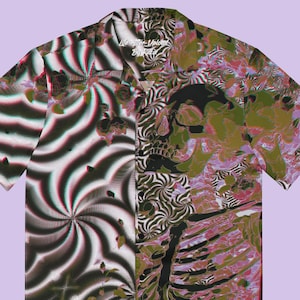Psychedelic Gothic Button-Up Shirt, Oversized Trippy Skeleton Shirt, Rave Festival Outfit, Halloween Skull Hawaiian Shirt