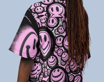Funky Smiley Face Hawaiian Shirt Plus Size Retro Rave Button Down Psychedelic Festival Clothes Vaporwave 90s Millenial Top