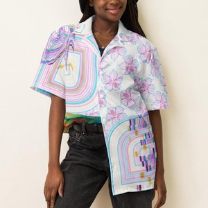 White Aloha Wedding Guest Button Down Shirt, Beach Party Clothes, Vacation Hawaiian Shirt, Funky Button Blouse, Oversized Button Up Shirt