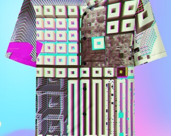 Trippy Techwear Hawaiian Shirt, Oversized Geometric Arcade Button Up Shirt, Cyberpunk Techno EDM Button Down Shirt, Neon Clothes