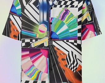 Retro Street Art Button Down Shirt, Funky Checkered Hawaiian Shirt, Geometric Button Up Shirt for Men and Women, Trippy AOP Y2K Tee