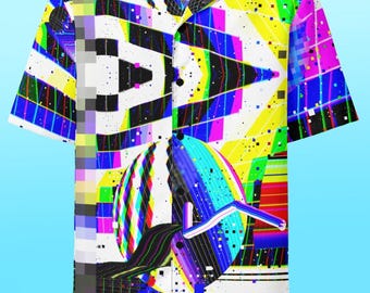 Neon Geometric Button Up Shirt, Funky Partywear Blouse, Bold Hawaiian Shirt, Trippy Beach Button Down Shirt, Rave Summer Festival Clothes