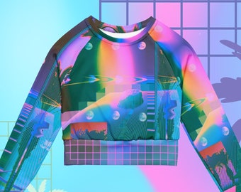 Vaporwave Moon Crop Shirt, Dance Long Sleeve Activewear Crop Top,  All Over Print Sustainable Clothing
