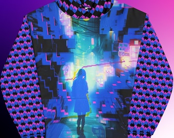 Cyberpunk Streetwear Hoodie All Over Print Techno Rave Hoodies, EDM Gamer Girl Shirt