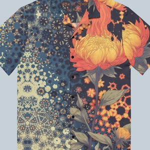 May include: Short-sleeved button-down shirt with a split design. One side features a blue and beige geometric pattern, the other side showcases a large orange and yellow floral illustration. The text "Eyes of Spring by Kelly" is visible on the collar.