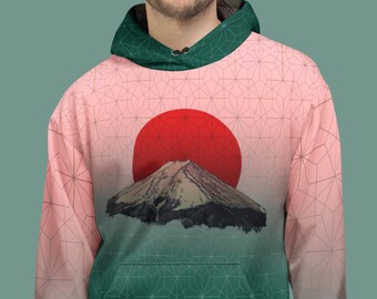 Sudadera con capucha y estampado de la puesta de sol sobre el Monte Fuji, diseño japonés, unisex, de poliéster reciclado.