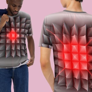 Geometric Techwear T-Shirt, Cyberpunk Outfit, Sci-Fi Clothing, All Over Print Techno Shirt, Red Glitch Tee, Futuristic Streetwear Top