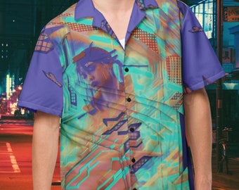 EDM Synthwave Button Up Shirt, XL Bold Vaporwave Button Up Shirts, Cyberpunk Button Down Shirt