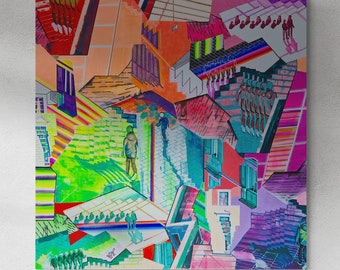 Può includere: Stampa d'arte astratta con un design geometrico colorato con una miscela di tonalità verdi, blu, viola, arancioni e rosa. La stampa rappresenta una città con edifici e figure.