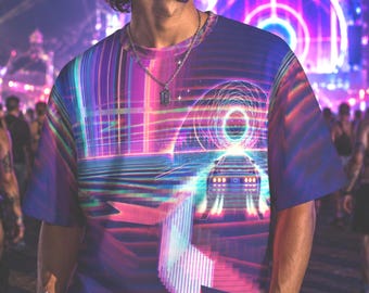 Synthwave Car Shirt, Retrowave AOP Tee, Outrun Retro Futuristic Clothing
