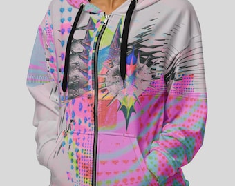 Spiky Heart Y2K Zip Hoodie, Pastel Goth Cyber Rave Jacket, Vaporwave Techwear