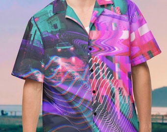 Neon Hawaiian Shirt Cyberpunk Button Up Shirt Retro Futurism Button Down Shirt Glitch Pixel Art Gamer Shirt Vaporwave EDM Clothes