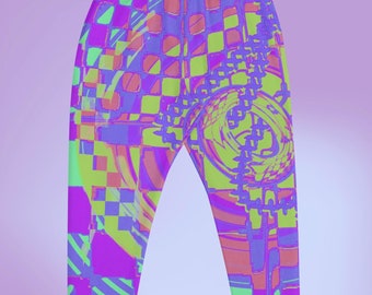 May include: Purple sweatpants with a colorful abstract pattern featuring squares, swirls, and lines in shades of pink, green, and yellow.