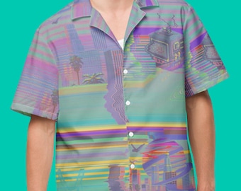 Vaporwave Hawaiian Shirt Plus Size Retro Futurism Button Up Shirt Funky Button Blouse Nostalgia Button Down Shirt Gift Rave Y2K EDM Clothes