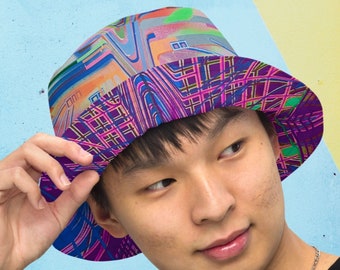 Trippy Vaporwave Art Music Festival Bucket Hat, Large Colorful Sun Beach Bucket Hat, Rave Festival Clothes