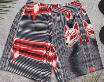 Kitsune Glitch Rave Shorts, Pixel Fox Trunks, Cyberpunk Festival Shorts, Japanese Streetwear Bottoms, Anime Inspired Clothing