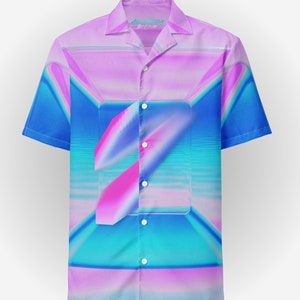 Turquoise Pink Hawaiian Shirt Partywear Button Blouse Oversized Gradient Button Down Shirt Beach Vacation Button Up Shirt