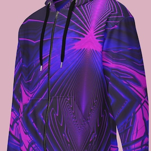 EDM Festival All Over Print Full Zip Up Hoodie Neon Techwear Jacket Trippy Techno Hoodie Plus Size Warm Rave Top Cyberpunk Clothes