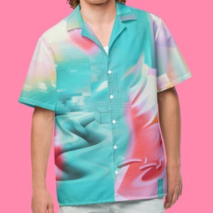Turquoise Hawaiian Shirt Geometric Cyberpunk Button Up Shirt Retro Futurism Wedding Guest Shirt Button Down Vaporwave Streetwear Clothes