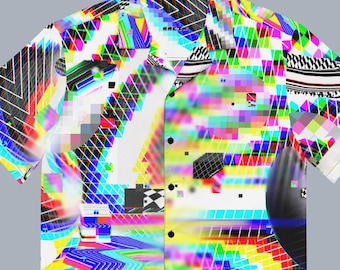 Pixel Glitch Button Up Shirt Neon Psychedelic Button Down Shirt 90s Digital Art Clothing Trippy Statement Festival Top Colorful Blouse