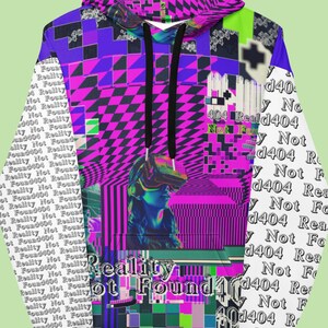 Fehler Nachricht Realität nicht gefunden Hoodie, Cyberpunk Glitch Streetwear, Steamwave Neon Grafik Sweatshirt, futuristischer Gamer Pullover Hoodie