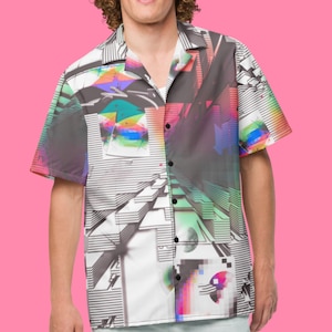 Edgy Abstract Button Down Shirt Geometric Wedding Guest Button Up Shirt Stylish Oversized Graphic Hawaiian Shirt Trippy Concert Shirt