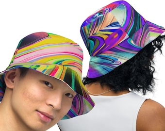 Colorful 90s Beach Bucket Hat Gift For Her, Large Purple Trippy Groovy All Over Print Bucket Hat, Rave Festival Clothes