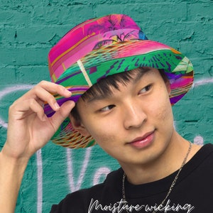 Trippy Vaporwave Art Music Festival Bucket Hat, Large Colorful All Over Print Beach Bucket Hat, Rave Festival Clothes