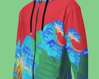 Japanese Wave Hoodie Full Zip up Cyberpunk Techno Hoodie