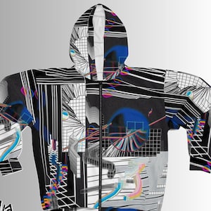 Trippy Abstract Geometric Art Hoodie, Full Zip Up Oversized Hoodie, Warm Rave Festival Clothes
