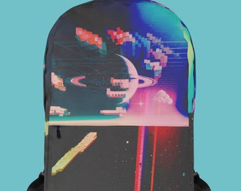 Retro Futuristic Space Backpack Water-Resistant Laptop Bag Pixel Art Cool Sci-Fi Planet Backpack for School or College Space Lover Gift Bag